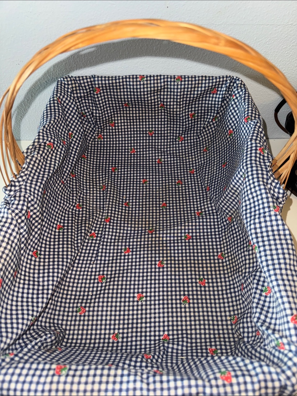 Woven Picnic Basket with Strawberry/Blue Gingham Liner & Handles - Picture 2 of 5